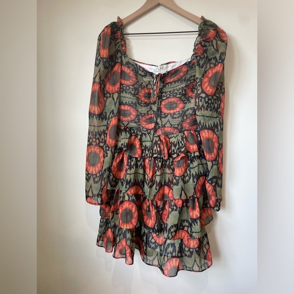 NWT BEULAH|| Mini Dress M Green Orange Abstract Tiered Fairycore Boho Cottage - Picture 4 of 9